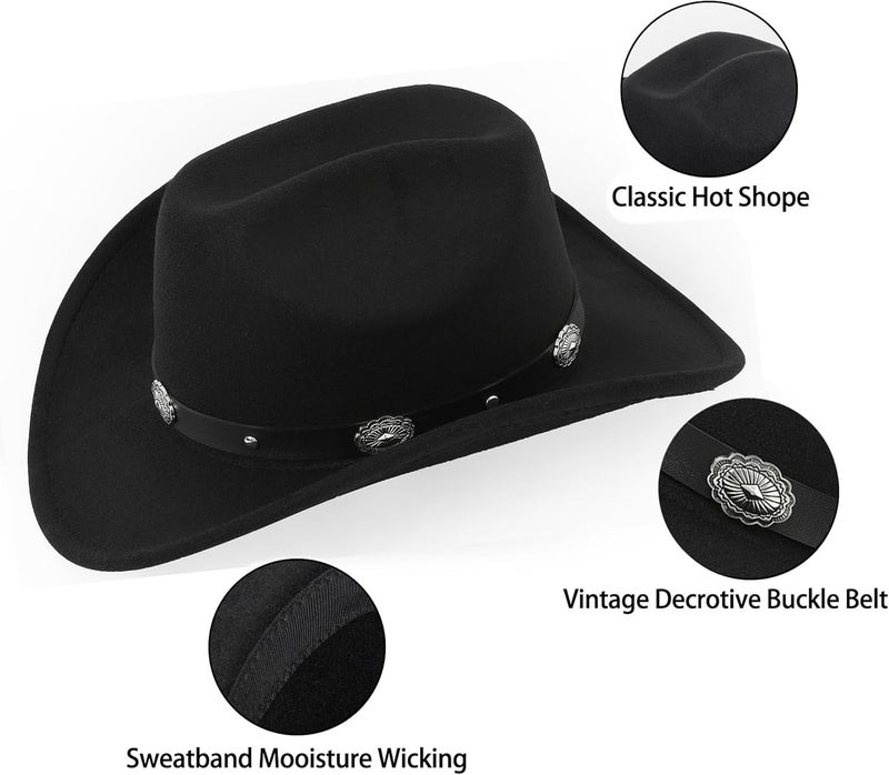 FGSS Classic-Western-Cowboy-Hat Upturn-Brim Felt-Cowgirl-Hat Rodeo-Hats with Belt for Women Men (Fit for 22.4-23.2") - Image 3